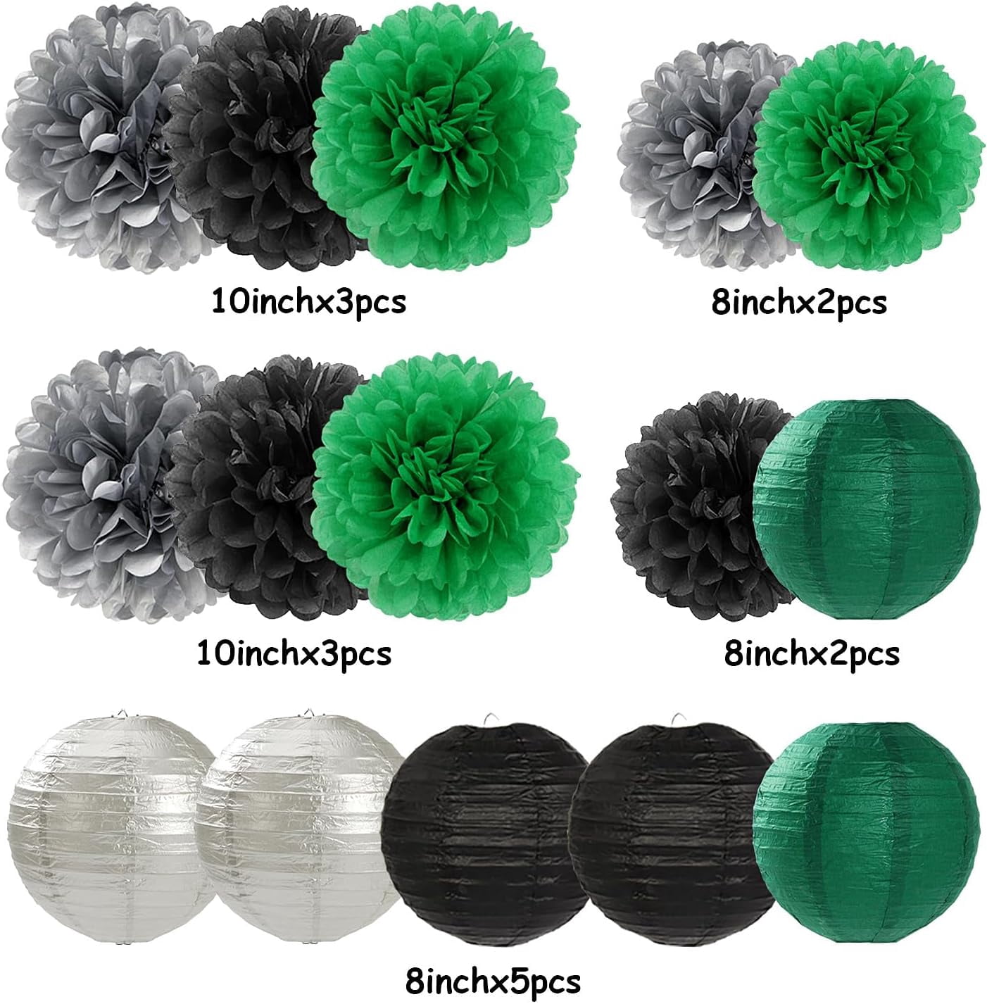 Green-Black Silver Party-Decorations Paper Flowers Lanterns - 15PCS Football Game Day Birthday Tissue Pom Poms Streamers, Bachelorette New Years Hanging Supplies Decor