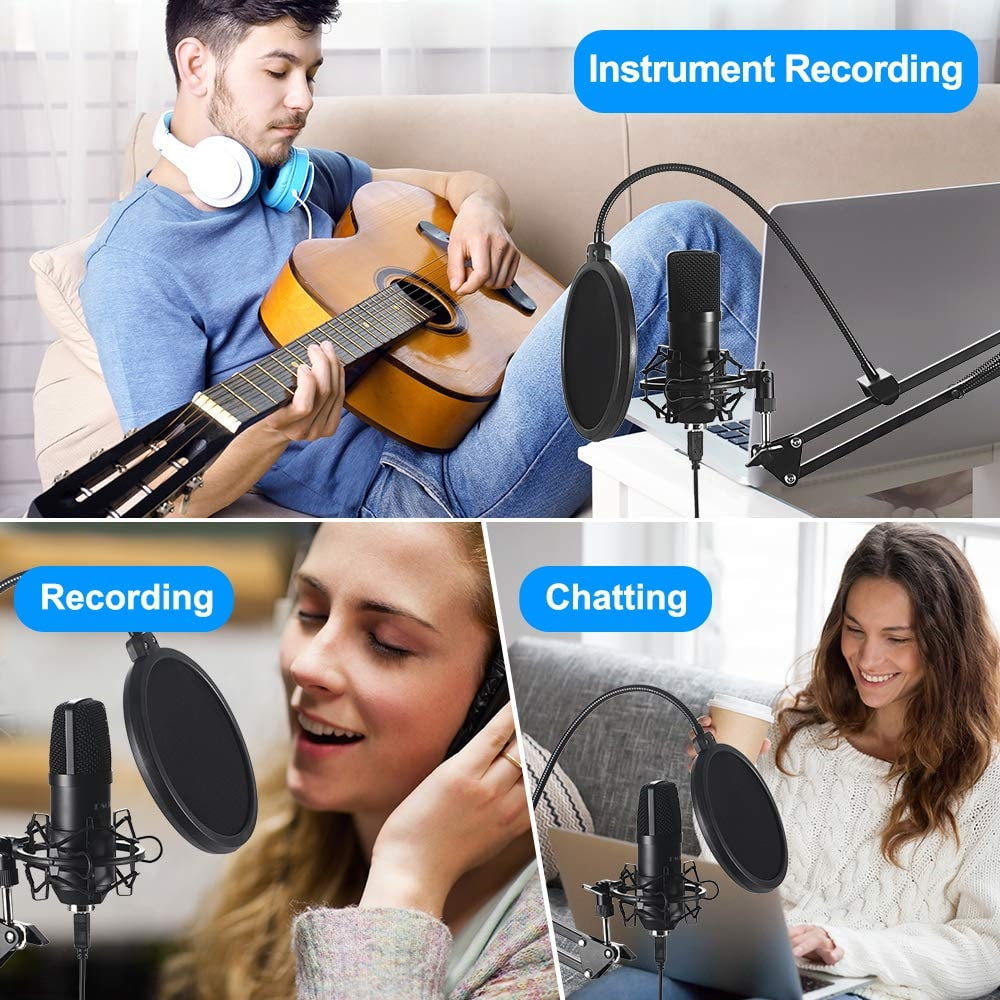 USB Streaming Podcast PC Microphone: Professional Computer Mic 192kHz/24bit Studio Cardioid Condenser Mic Kit with Sound Card Boom Arm Shock Mount Pop Filter,for Skype