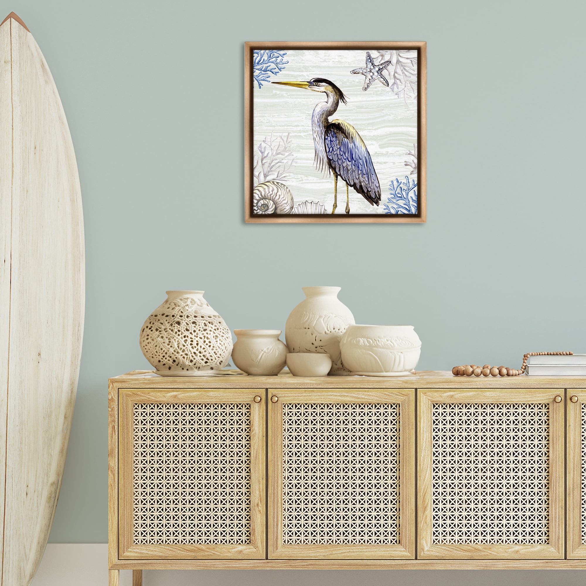 Stupell Industries Beach Bird Heron & Coral Animals Painting Brown Floater Framed Canvas Art Print Wall Art, 25 x 25