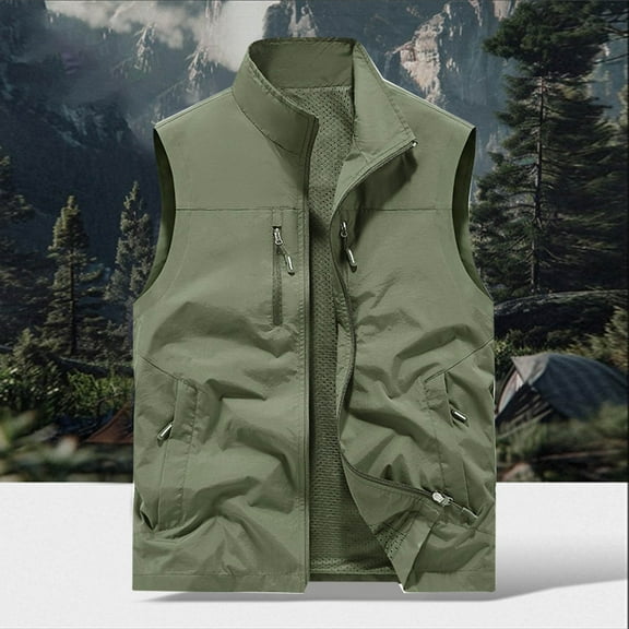 Zedker Men's Fleece Vest Lightweight Outerwear Lightweight Full Zip Golf Running Sleeveless Vest for Hiking Travel With Pockets Army Green L