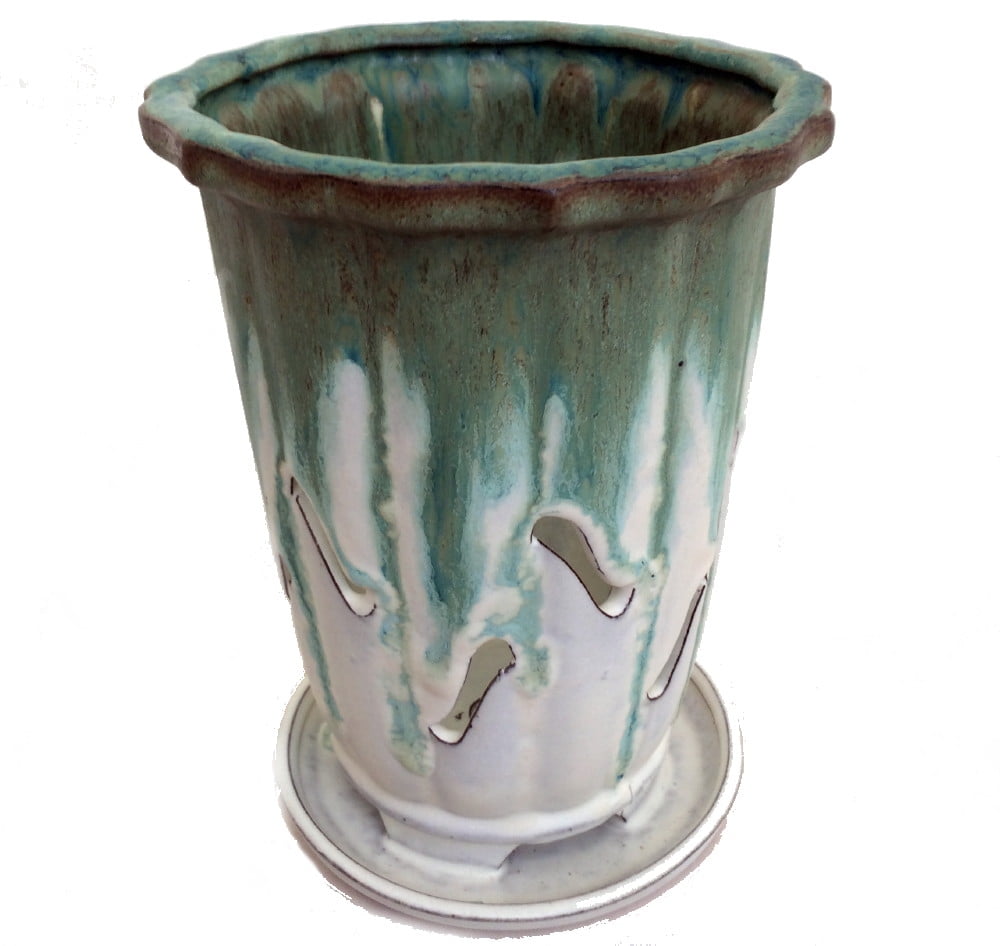 Premium Tall Glazed Ceramic Orchid Pot/Saucer Green on Creme 8" x 5"