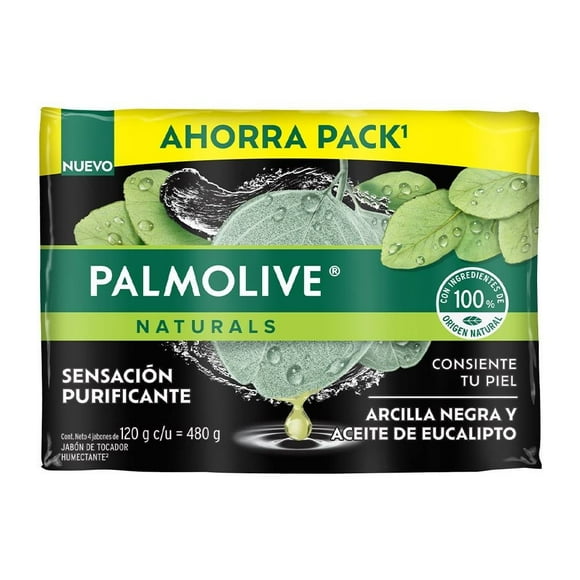 Jabón de Baño Palmolive Naturals Arcilla Negra y Aceite de Eucalipto Sensación Purificante 4 x 120 g