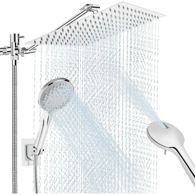 SHIQI Pommeau de Douche Pluie 10 Pouces avec Pulvérisateur à Main, Pommeau de Douche Pluie avec Bras Réglable 11 Pouces, 5 Réglages à Main, Inclut Support/tuyau, Lavage Puissant Intégré, Pommeau de Douche Double Pluie, Chromé