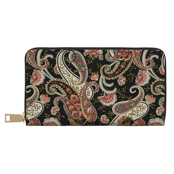 Leather Thin Slim Wallets for Women Men - Paisley6 Clutch Card Wallet for Women Men with Zipper