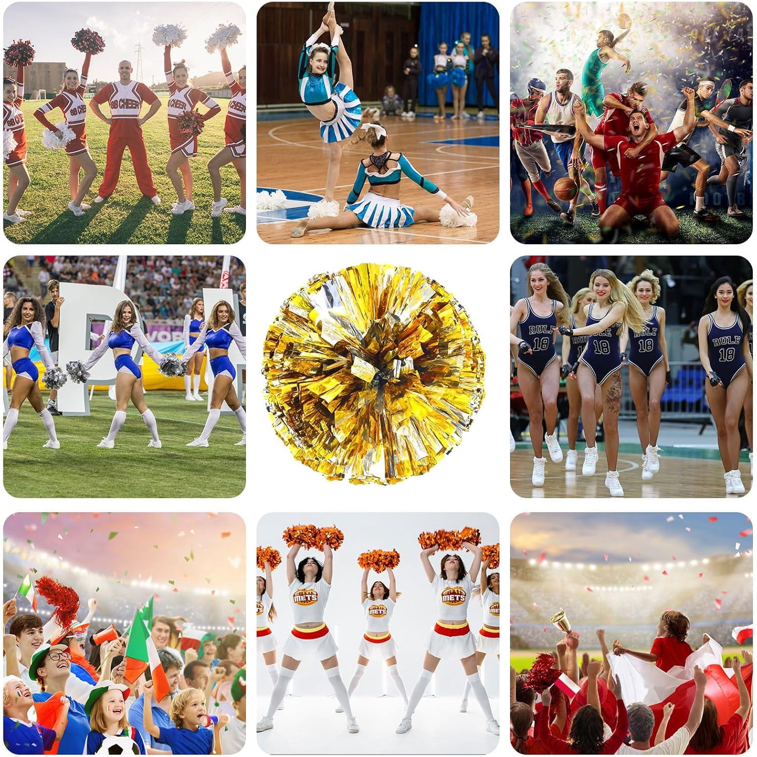 8 Pack pom poms Cheerleading,Cheerleading poms Sports Dance Cheer Plastic Pom Poms Cheerleading for Sports Team Spirit (Green+Silver)