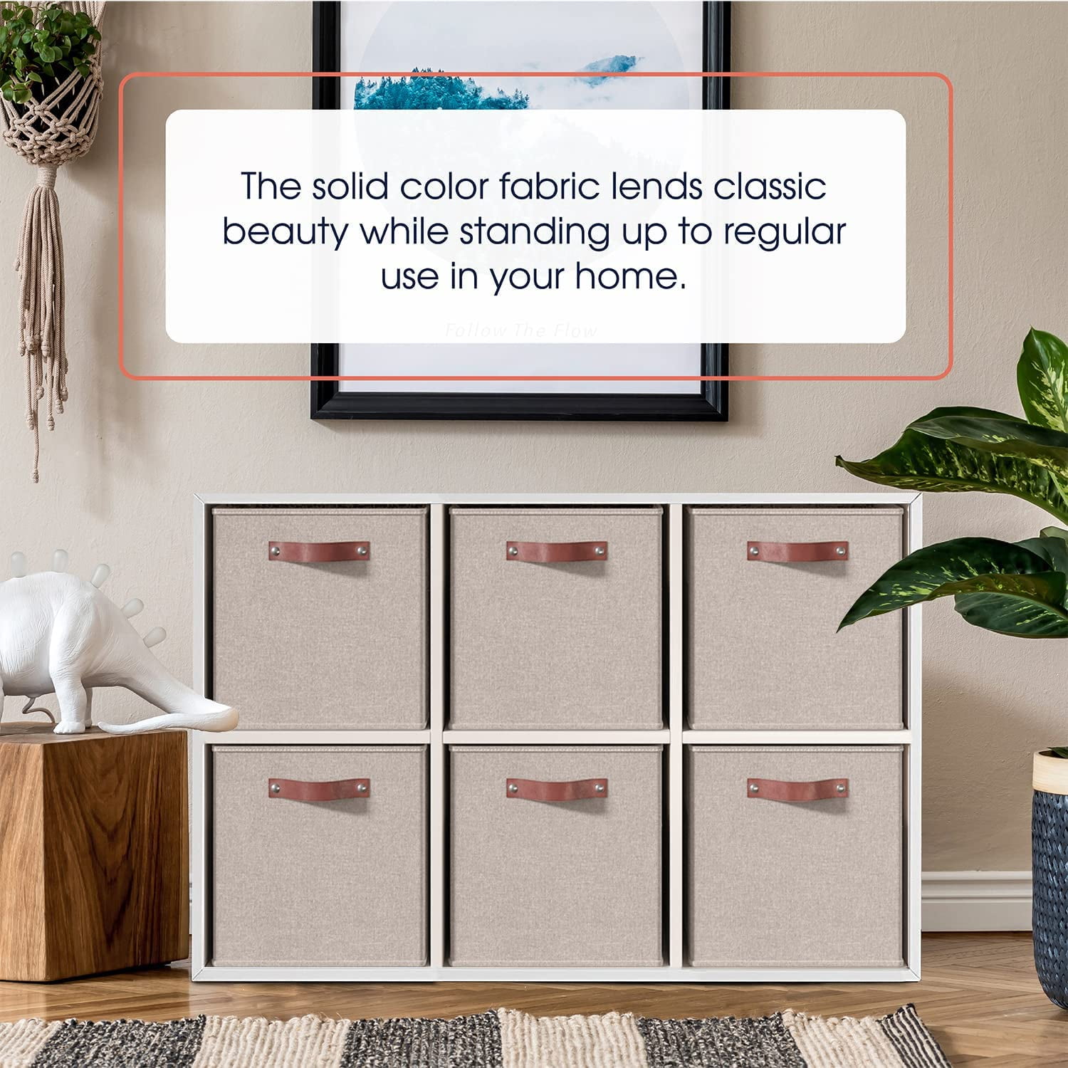 Ornavo Home Foldable Collapsible Storage Box Bins Linen Fabric Shelf Basket Cube Organizer with Leather Handles - Set of 6 - 11 x 11 x 11 - Beige