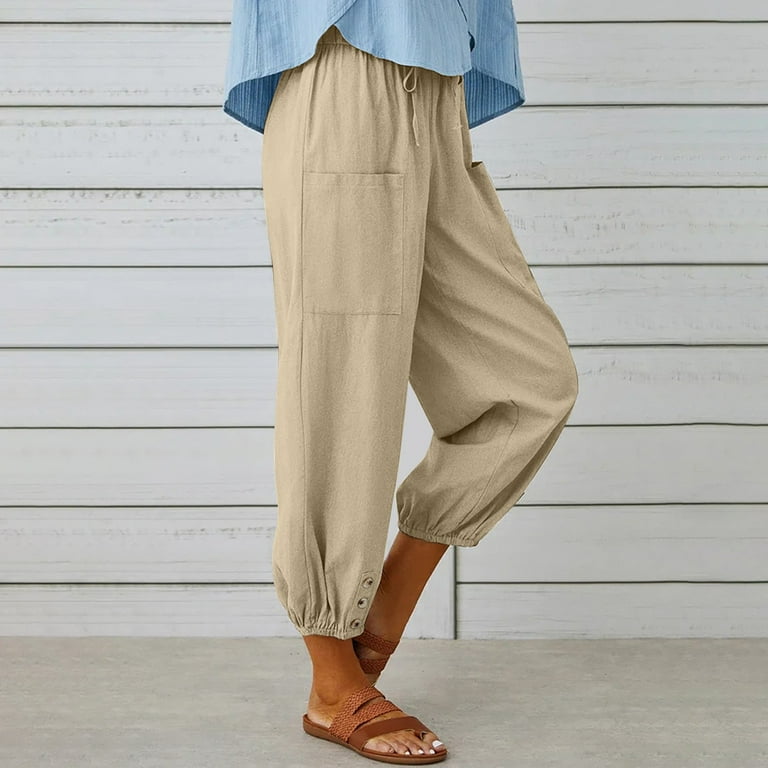 Loose Linen Pants For Women Casual Summer Summer High Waisted Linen Wide  Leg Long Trousers Comfy Loose Khaki Women'S Pants With Pockets XL