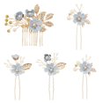 thumbnail image 1 of Juego de 5 horquillas para el pelo con forma de U, con diseño de flores azules, peines, pinzas, accesorios para el pelo, con purpurina dorada, hojas florales, perlas y diamantes de imitación, 1 of 9