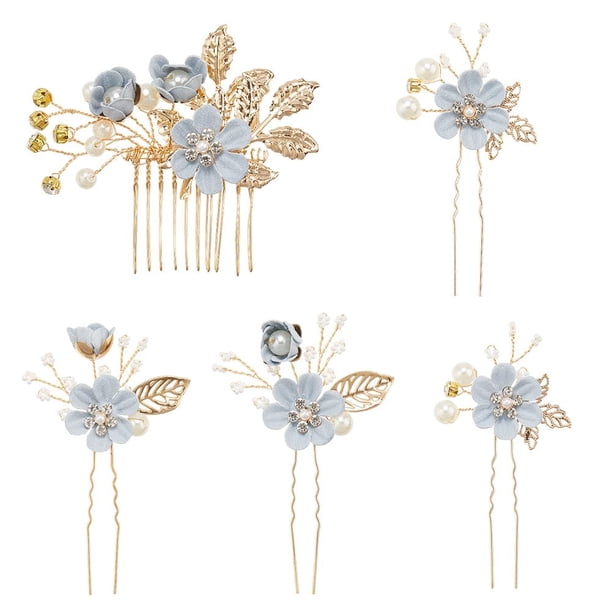 Juego de 5 horquillas para el pelo con forma de U, con diseño de flores azules, peines, pinzas, accesorios para el pelo, con purpurina dorada, hojas florales, perlas y diamantes de imitación