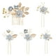 thumbnail image 1 of Juego de 5 horquillas para el pelo con forma de U, con diseño de flores azules, peines, pinzas, accesorios para el pelo, con purpurina dorada, hojas florales, perlas y diamantes de imitación, 1 of 9