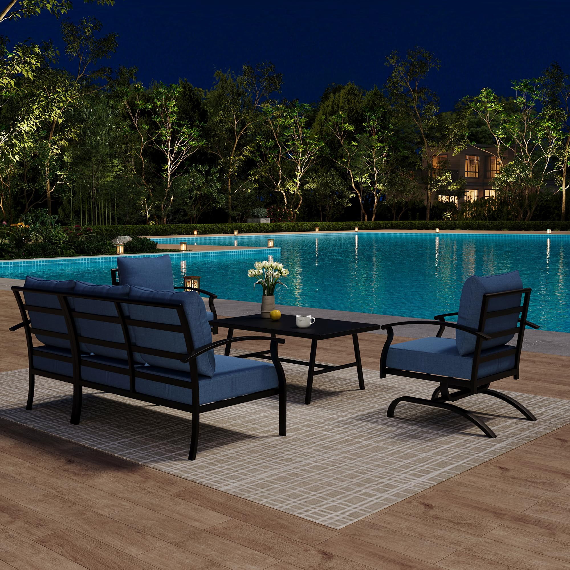 Gotland Metal Patio Furniture Set 5-Seat Modern Metal Bistro Set Outdoor Conversation Sets, 2 Piece Patio Rocker Chairs with Thick Cushion and Coffee Table for Garden Backyard Deck Lawn, Navy Blue