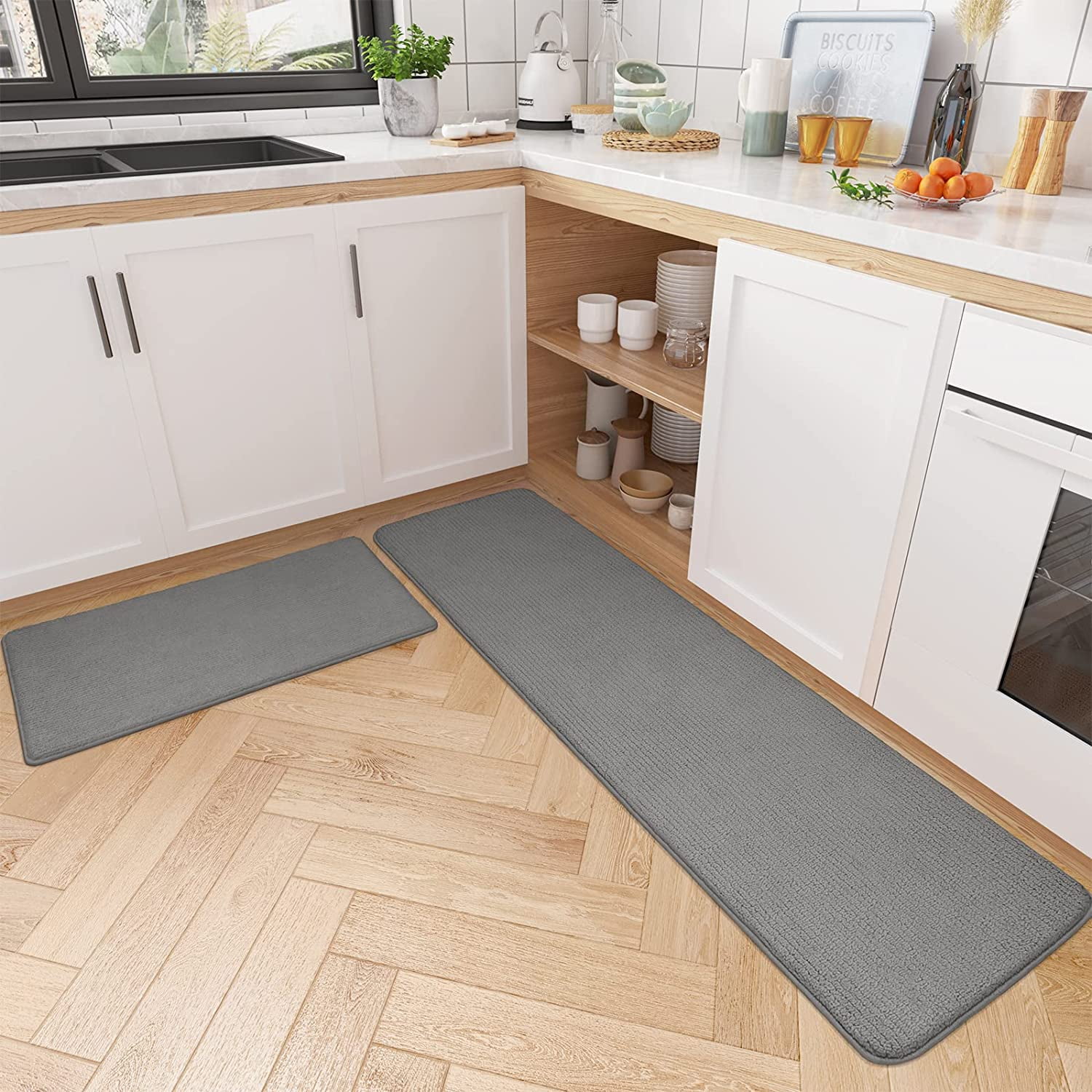 Grey Checked Flatweave Kitchen Rugs AND Runners Anti slip back in various sizes