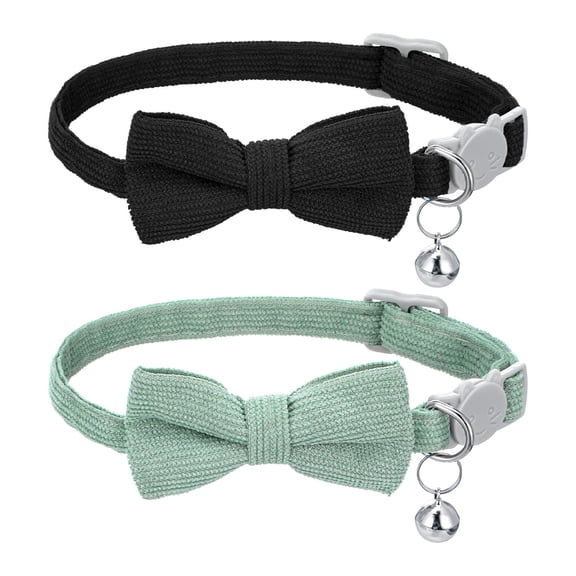 2 Pack Cat Bow Tie Cat Bow Tie Collar Soft Corduroy Cats Collar Cute Adjustable Breakaway Bowtie Collars(Black Green)