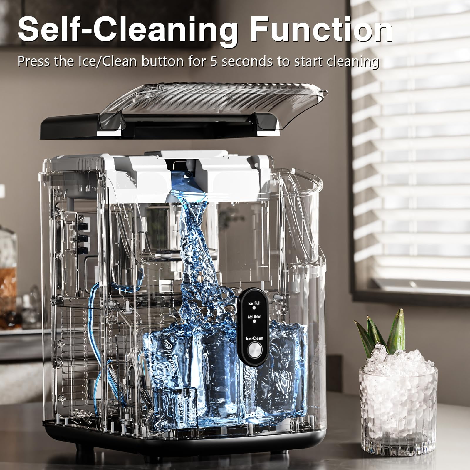FREE VILLAGE Nugget Ice Makers Countertop,Pebble Ice Maker Machine with Soft Chewable Ice,35lbs/24H,Self-Cleaning,One-Click Operation,Stainless Steel, Crushed ice Maker for Home Kitchen Office