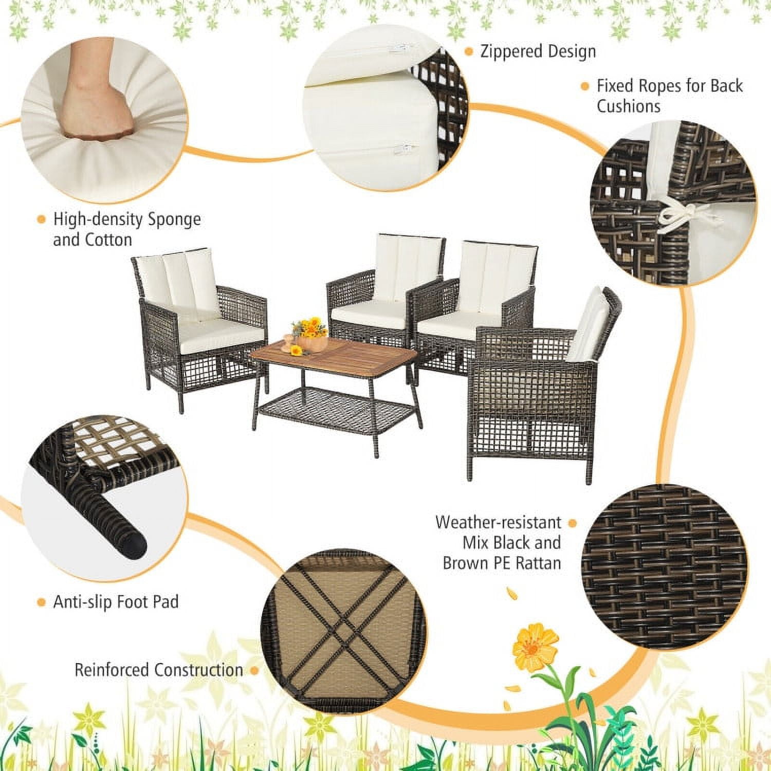 Aimee Lii 5 Pieces Patio Rattan Cushioned Conversation Set with 2-Tier Coffee Table, Outdoor Patio Furniture Aimee Lii 5 Pieces Patio Rattan Cushioned Conversation Set with 2-Tier Coffee Table, Outdoor Patio Furniture