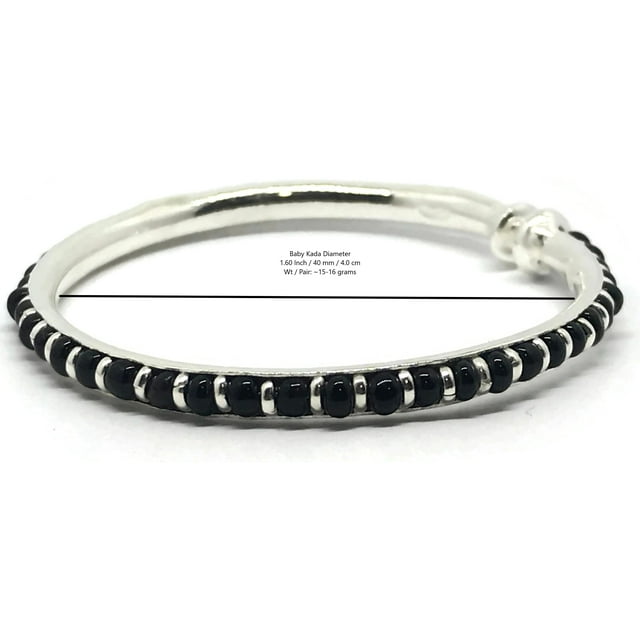 925 Sterling Silver New Born / Toddler Kids Black Beads Kada - Style#14 Diameter Size: 1.6 inch(6-18 month)