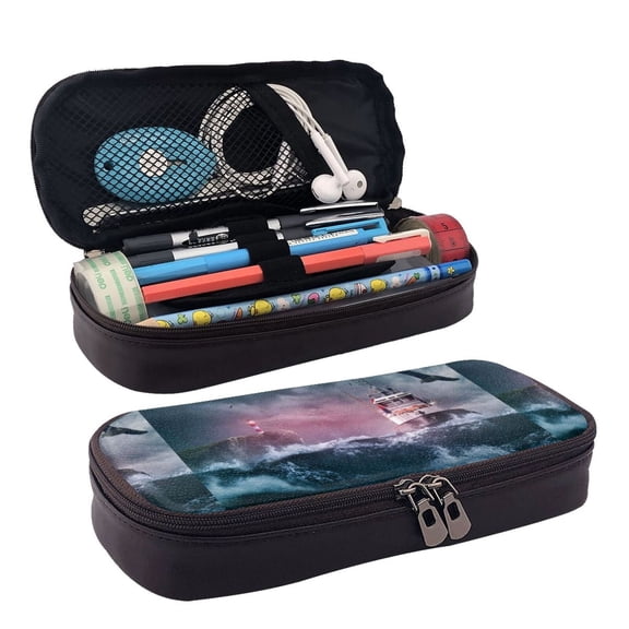 Picia Boat Lighthouse Storm Waves Pattern Large Capacity PU Leather Pencil Case Organizer Pen Marker Holder Double Zipper Storage Bag Big Pencil Pouch for College Office