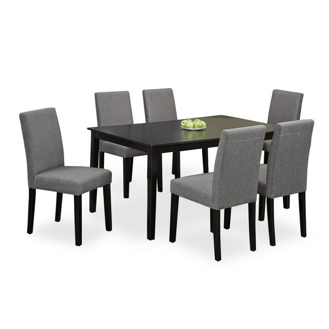 Cappuccino Wood 7 Piece Dining Set With Grey Linen Chairs