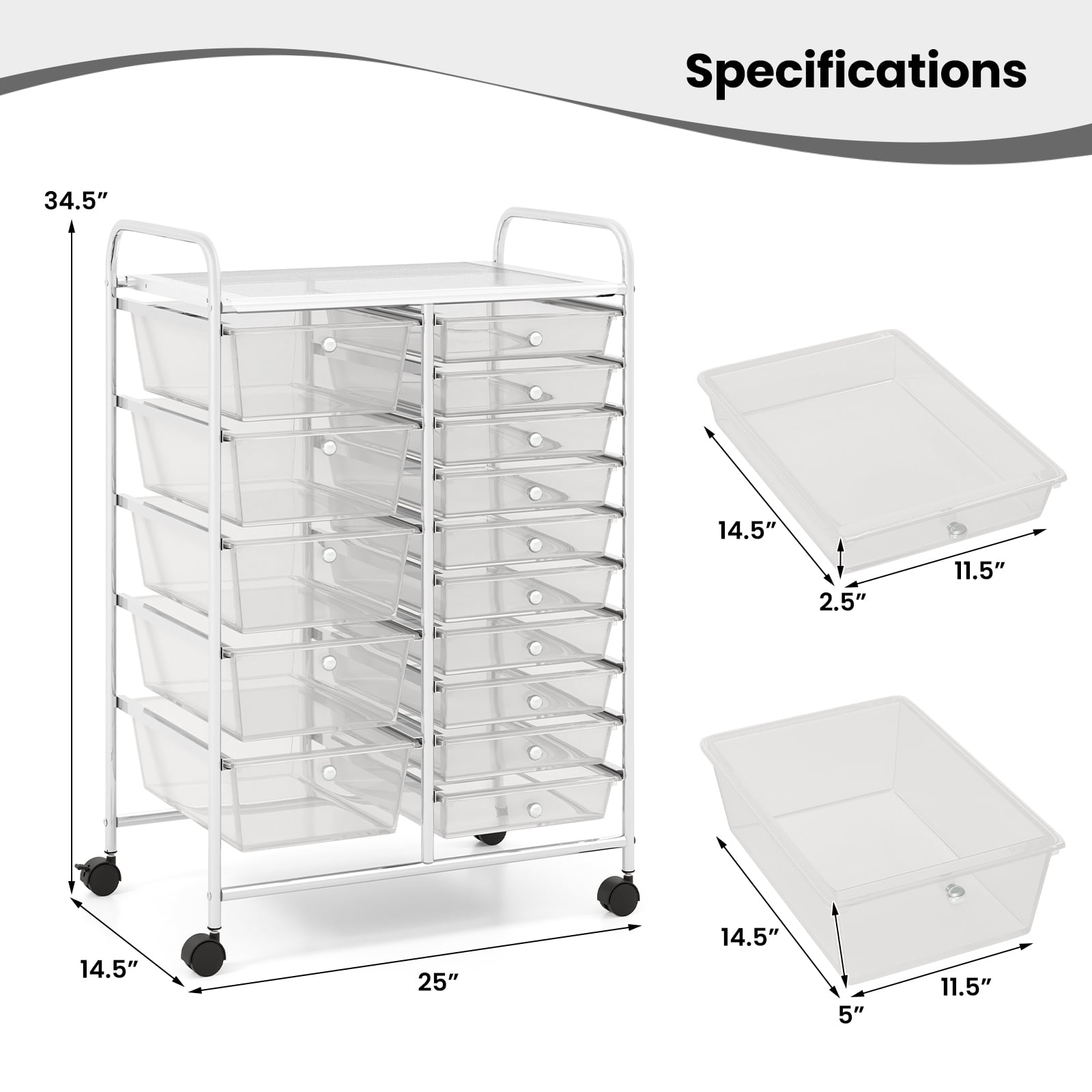 Costway 15-Drawer Rolling Storage Cart Mobile Organizer with Lockable Wheels Clear