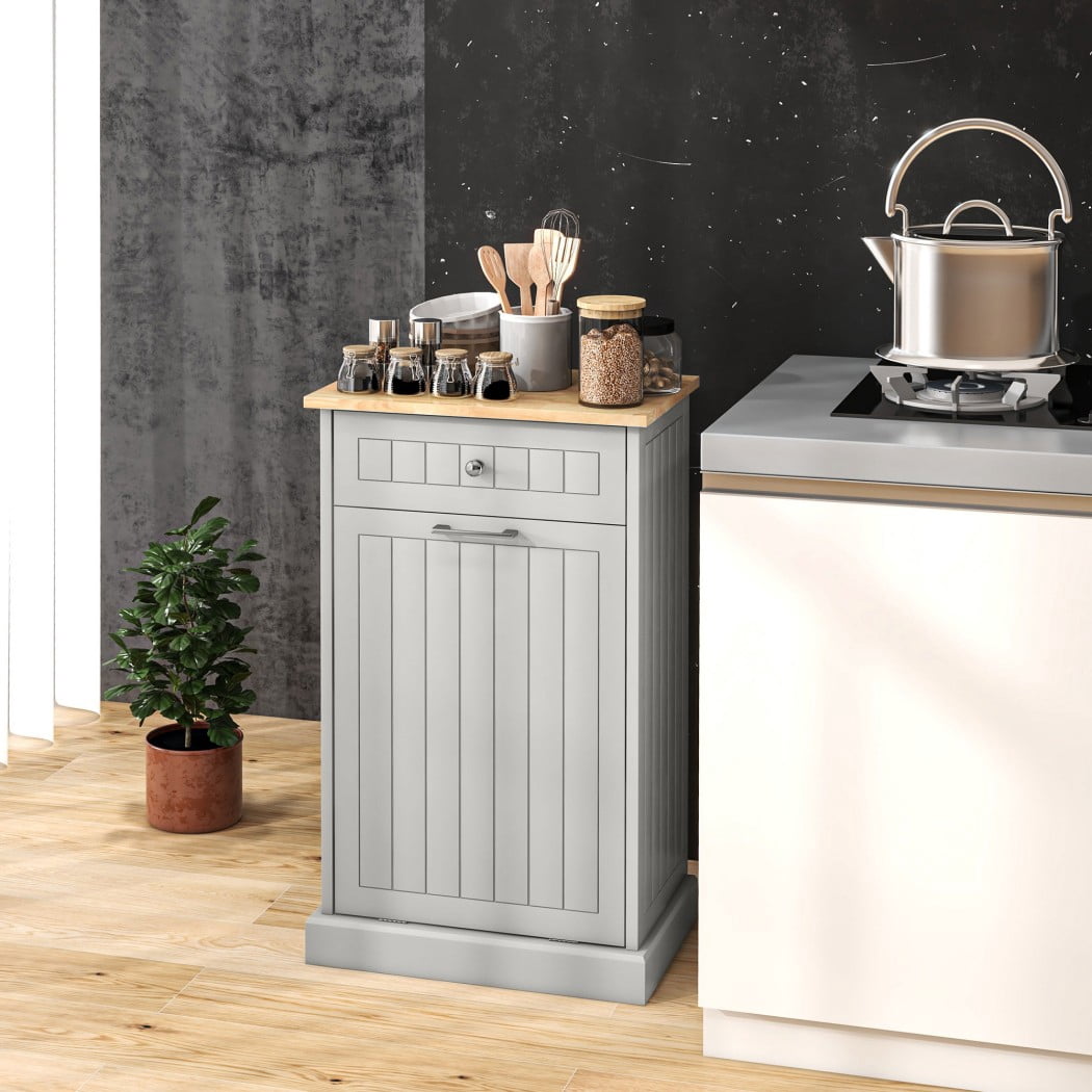 Kitchen Tilt Out Trash Cabinet, Freestanding Garbage Can Storage with Drawer, Recycling Cabinet with Anti-Tip Design, Gray
