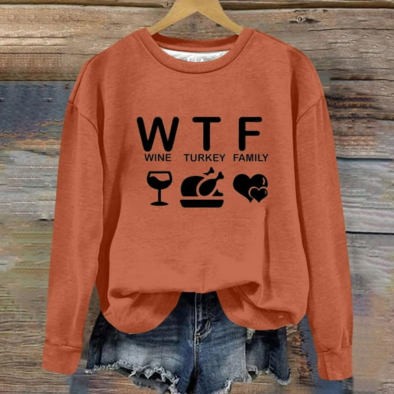 Edvintorg Thanksgiving Day Gifts Women Sweatshirt Casual Letter Printed Round Neck Long Sleeve Pullover Tops Blouse Womens Lightweight Sweatshirt