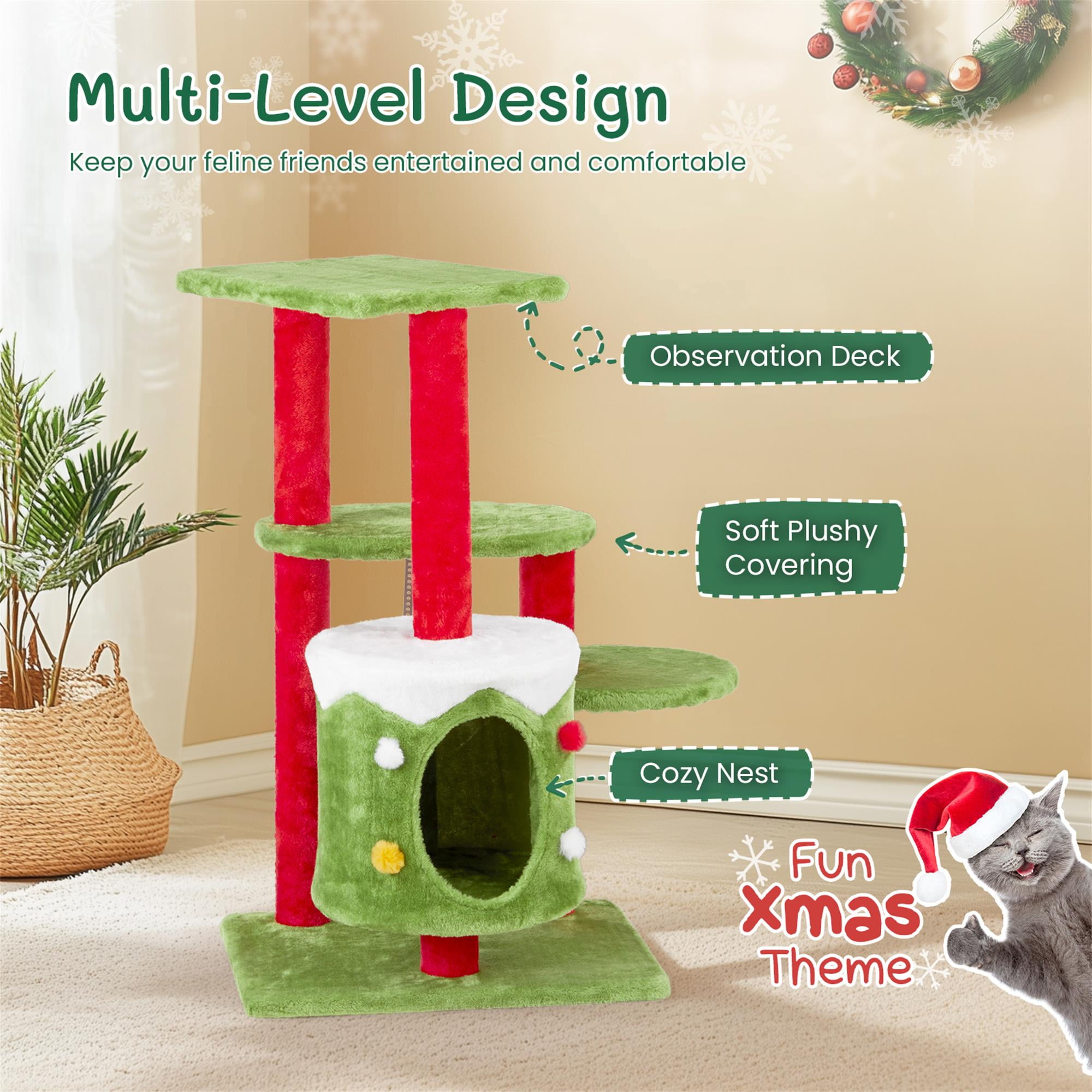 Kadyn 32" Cat Tree, Cat Tower with Sisal-Covered Scratching Post, Cat Condo, for Small Spaces, Kittens, Green