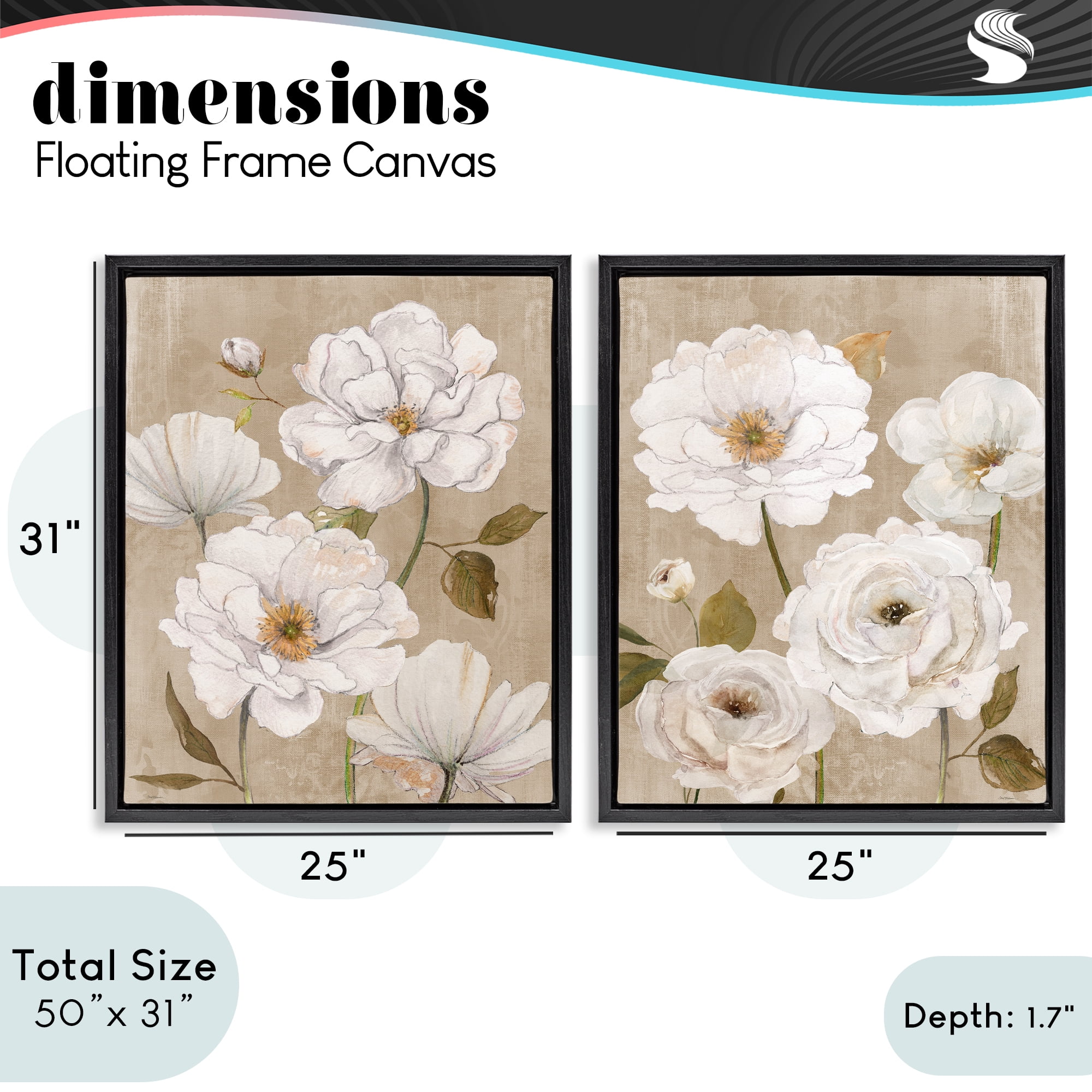 Stupell Industries White Blooms over Neutral 2 Piece Black Framed Floater Canvas Set, design by Carol Robinson