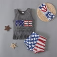 thumbnail image 5 of Toddler Girl Outfits Kids Stars and Stripes Print USA 250th Anniversary Crew Neck Sleeveless Top with Above Knee Shorts and Headband Three Piece Set Grey 18 Months-24 Months, 5 of 7