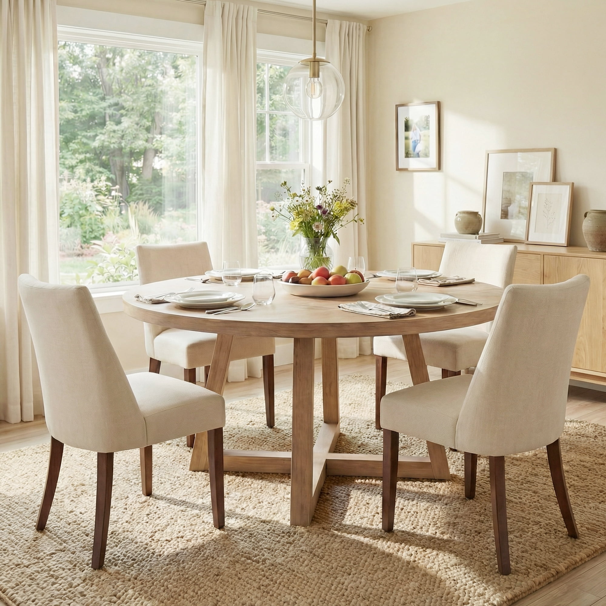 EOP Upholstered Dining Chairs Set of 4, Mid Century Modern Fabric Side Chairs with Solid Wood Legs, Comfortable Kitchen & Dining Room Chairs for Home, Restaurant Use, Beige