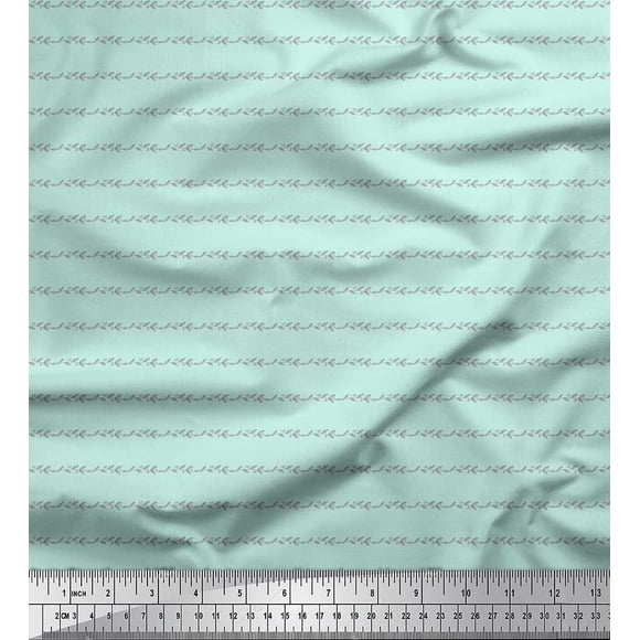 Soimoi Green Heavy Canvas Fabric Stripe & Leaves Printed Fabric 1 Yard 58 Inch Wide