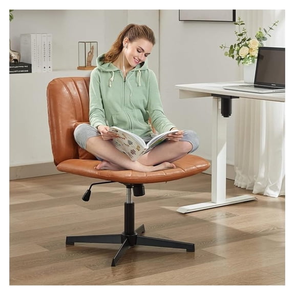 Criss Cross Chair, Armless Cross Legged Office Desk Chair No Wheels, Wide Seat Vanity Chair, Modern Swivel Adjustable Height Back Computer Task PU Leather (Brown)