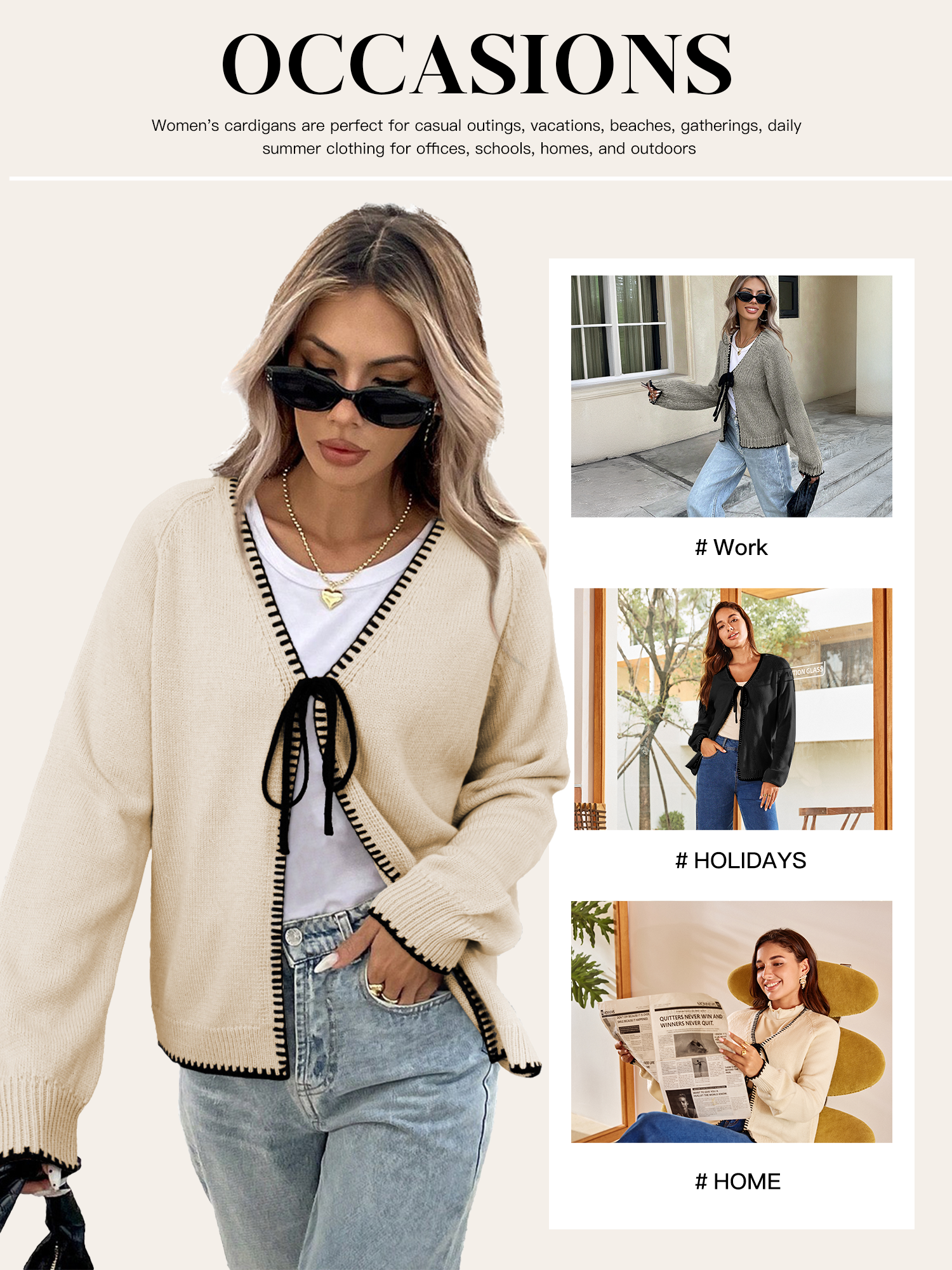 SHEWIN Women's Bow Tie Chunky Cardigan Sweater V-Neck photo 6