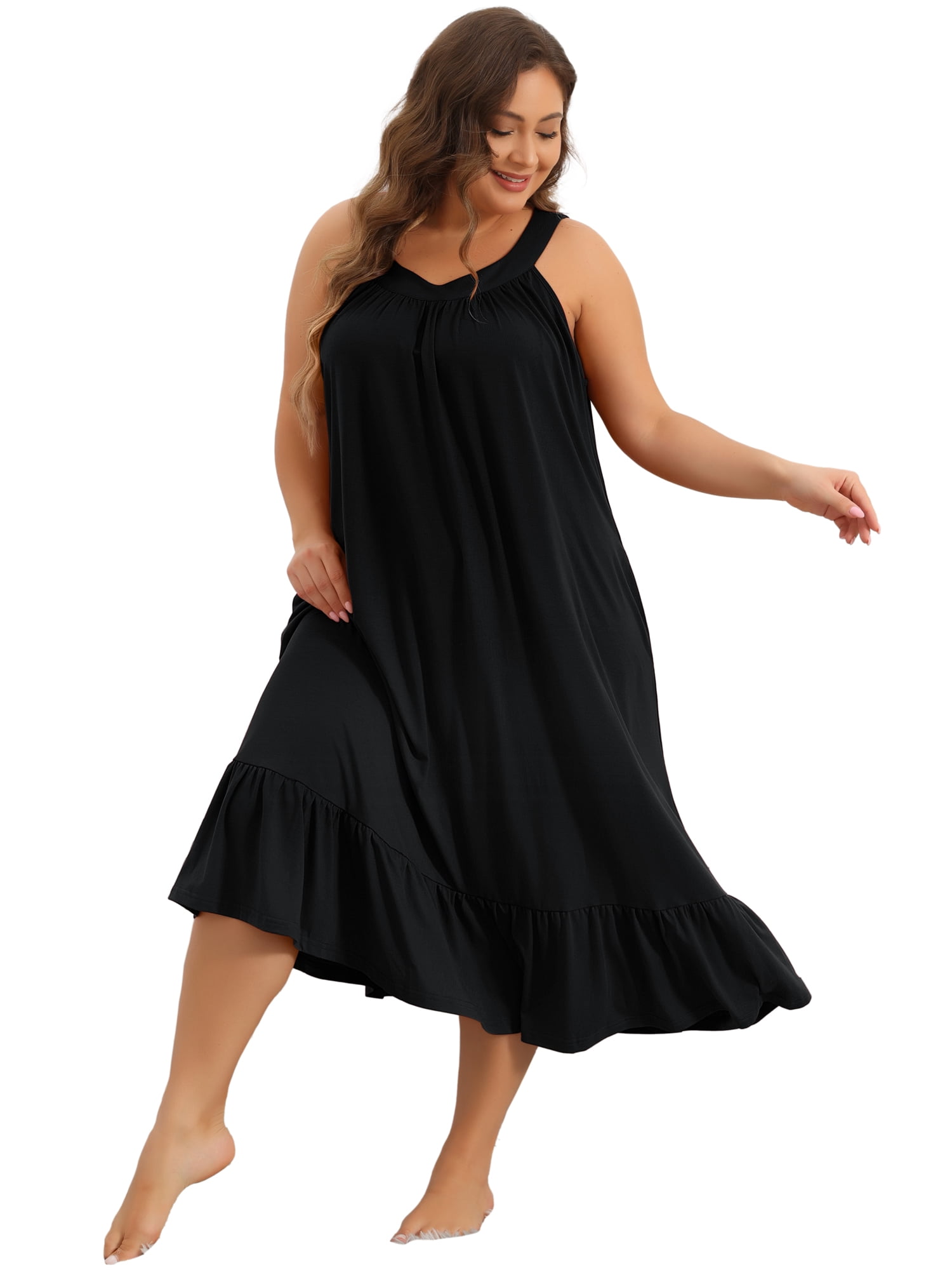 DARING DIVA Women's Plus Size Sleeveless Nightgown with Pockets Black 3X