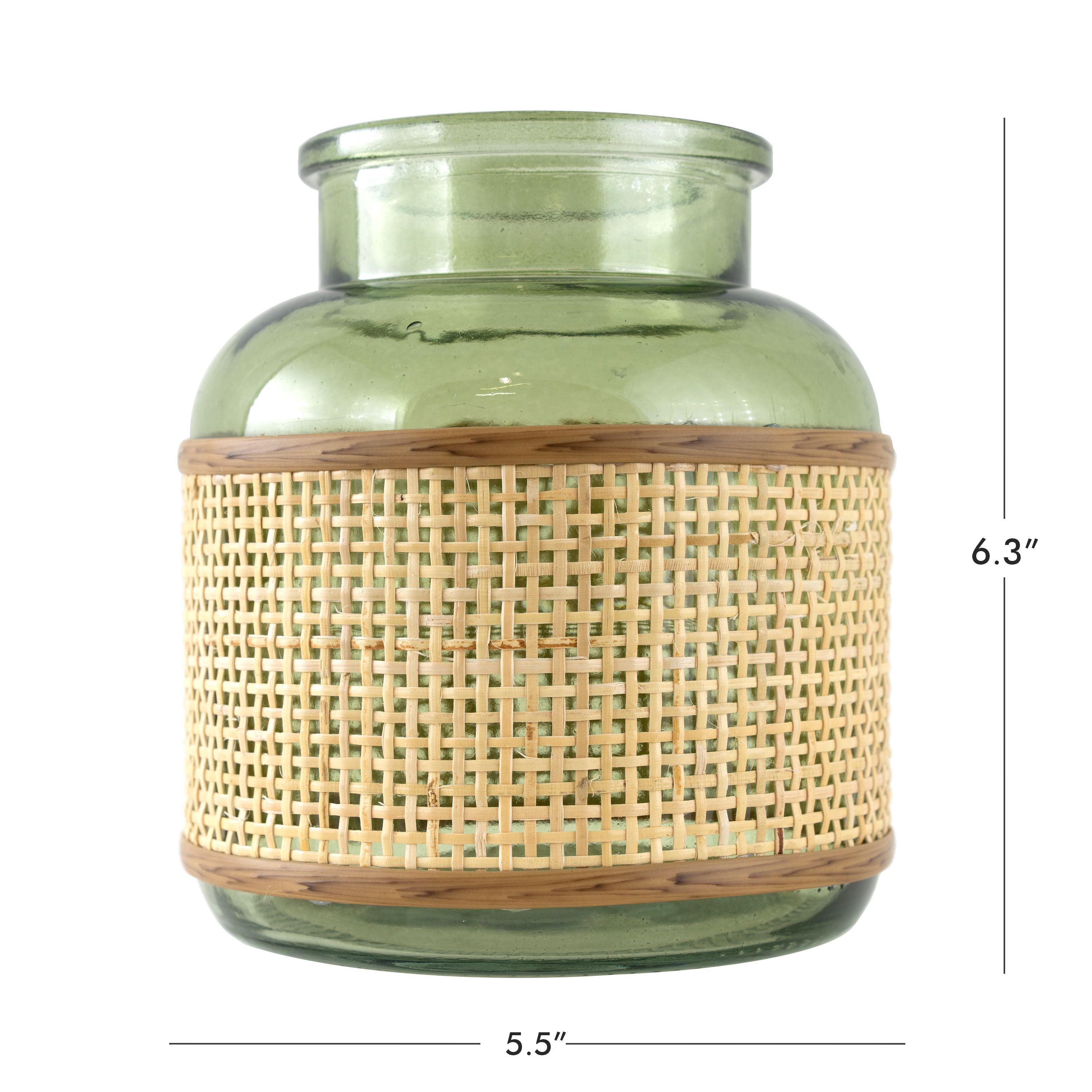 (2 pack) Home Decor Collection 6" Green Translucent Glass Indoor Tabletop Vase with Natural Rattan Caning Wrap