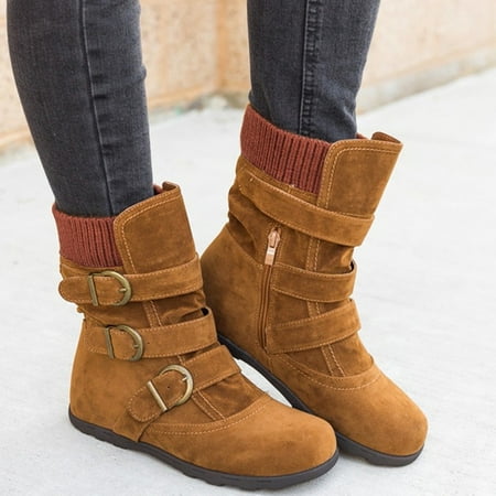 

Njoeus Boots Botas Para Mujer Women Suede Round Toe Zipper Flat Pure Color Buckle Strap Keep Warm Snow Boots Walking Boot