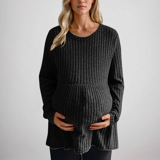 FcBaudy Hauts pour Femmes, Chemisiers et Chemises à Manches Longues à Col Rond, Chemises pour Femmes Haut Uni pour Femmes Enceintes Vêtements pour Femmes Chandail Tricoté à Rayures Haut Femme Haut en polyester