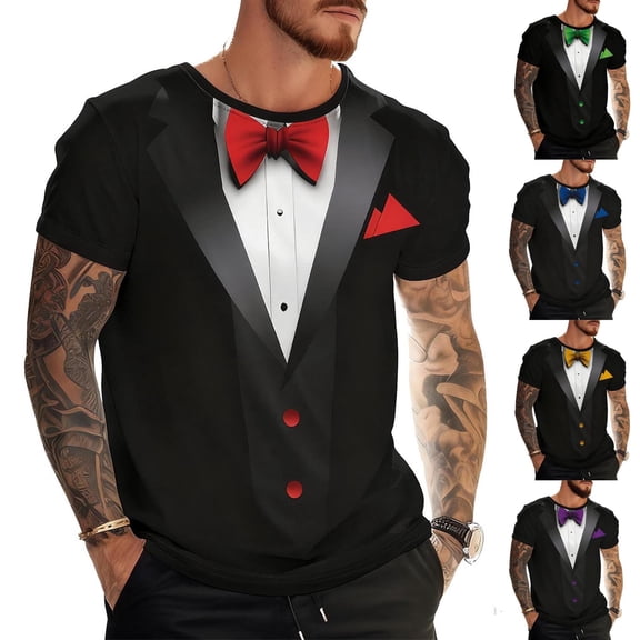 UVEASISHA Funny Shirts for Men 3D Tuxedo Print Short Sleeve Graphic Tees Regular Fit Casual Crewneck Pullover Valentines Day Party T-Shirts Purple 3XL