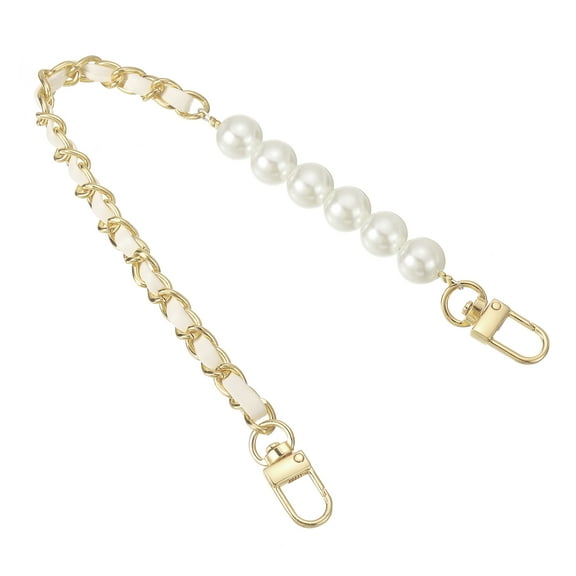 Leather Wristlet Strap, 350mm/14" Imitation Pearl Short Wrist Purse Chain for Mobile Case Clutch DIY (White, Gold)
