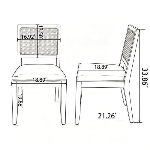 Set of 2 Mid-Century Modern Farmhouse Rattan Dining Chairs, Beige Cane Low Back, Natural Solid Wood Frame