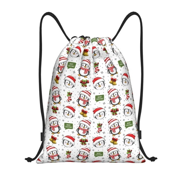 Fotbe Cute Christmas Hat Penguin A Bolsa Mochila con Cordón Estampada, Bolsa de Gimnasio Deportiva, Bolsa Cinch, Bolsa con Cordón para Hombres y Mujeres-Small