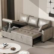 YODOLLA Sofa Bed, 3 in 1 Sleeper Sofa with Storage Chair, Faux Leather L Shape Couch, Sectional Pull Out Sofa Bed Mid Century Modern Couch for Living Room Clearance, Comfy Sleeper Couch in Grey