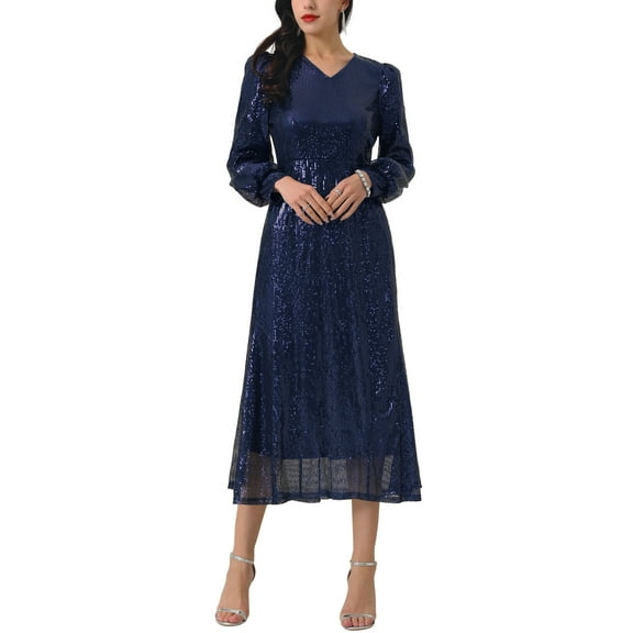 INSPIRE CHIC WOMLAYOUT Women's Sequin Sparkly Dresses Long Sleeve V Neck Cocktail Party Midi Dress S Deep Blue