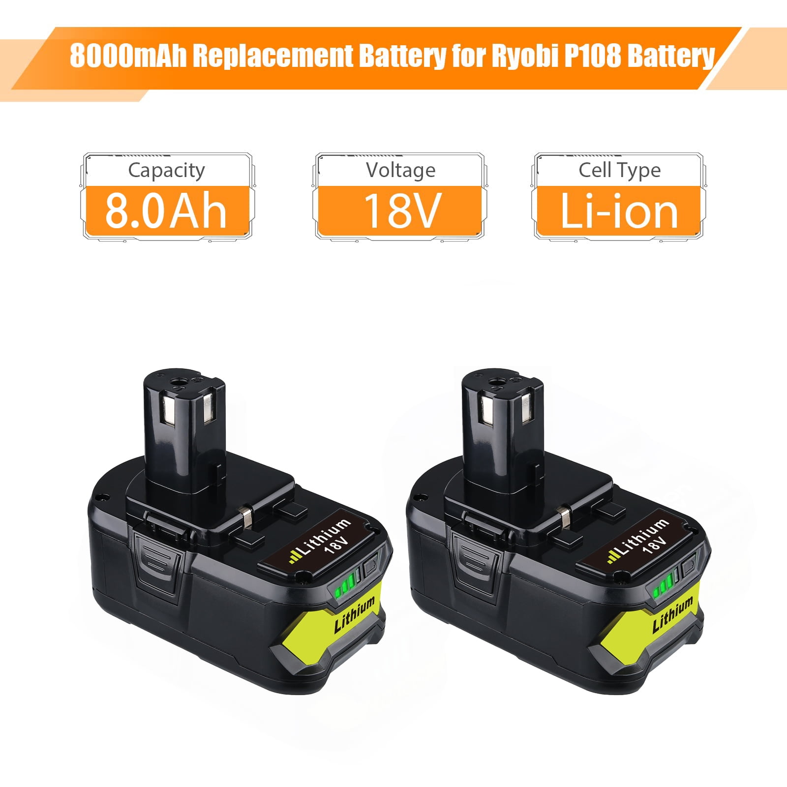 DASNITE 8.0Ah Battery Replacement for Ryobi 18V Battery, 18 Volt Lithium ion Batteries for Ryobi One 18V Cordless Tools P108 P107 P105 P104 P103 P102,4 Packs