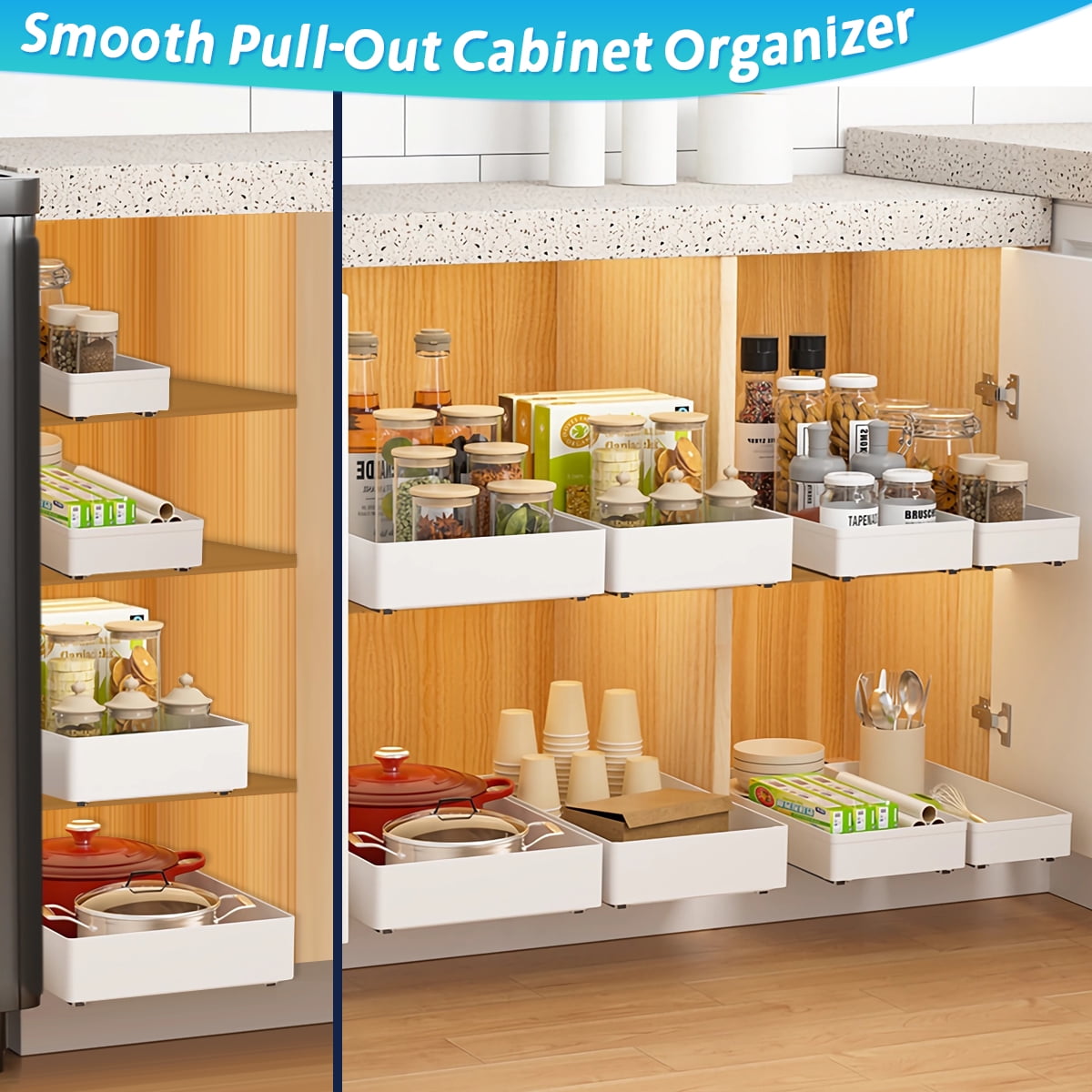 OKKEAI 1-Shelf Expandable Kitchen Pantry Cabinet Organizer, Bathroom Cabinet Organizer, 4 Count