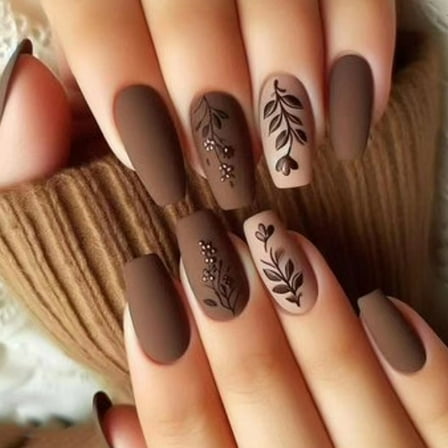 24pcs Press on Nails with Leaf and Floral Designs Nails Accesories Matte Acrylic Artificial Nails For Fashion Women