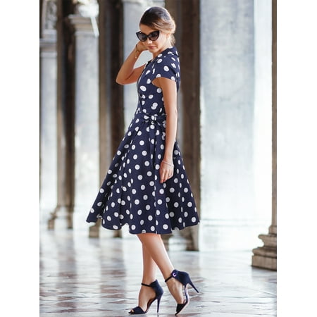 Cap Sleeve Polka Dot Dress - Ever-Pretty Women's Vintage Polka Dot Cap Sleeve Evening Party Summer Casual Work Midi Dresses for Women 4023 US 4