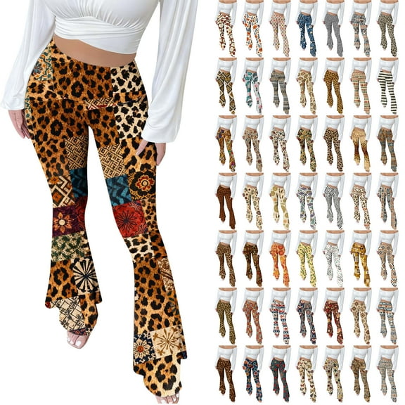 Xuniizn Flare Leggings for Women, Leopard Print High Waisted Boho Holiday Casual Pants, Stretchy Soft Slim Breathable Workout Leggings, S-3XL