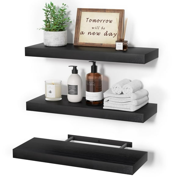 upsimples Étagères Flottantes en Bois Noires de 16,5 Po L avec Supports Invisibles, Ensemble de 3 Étagères Murales Modernes en Bois, pour Salle de Bain Chambre