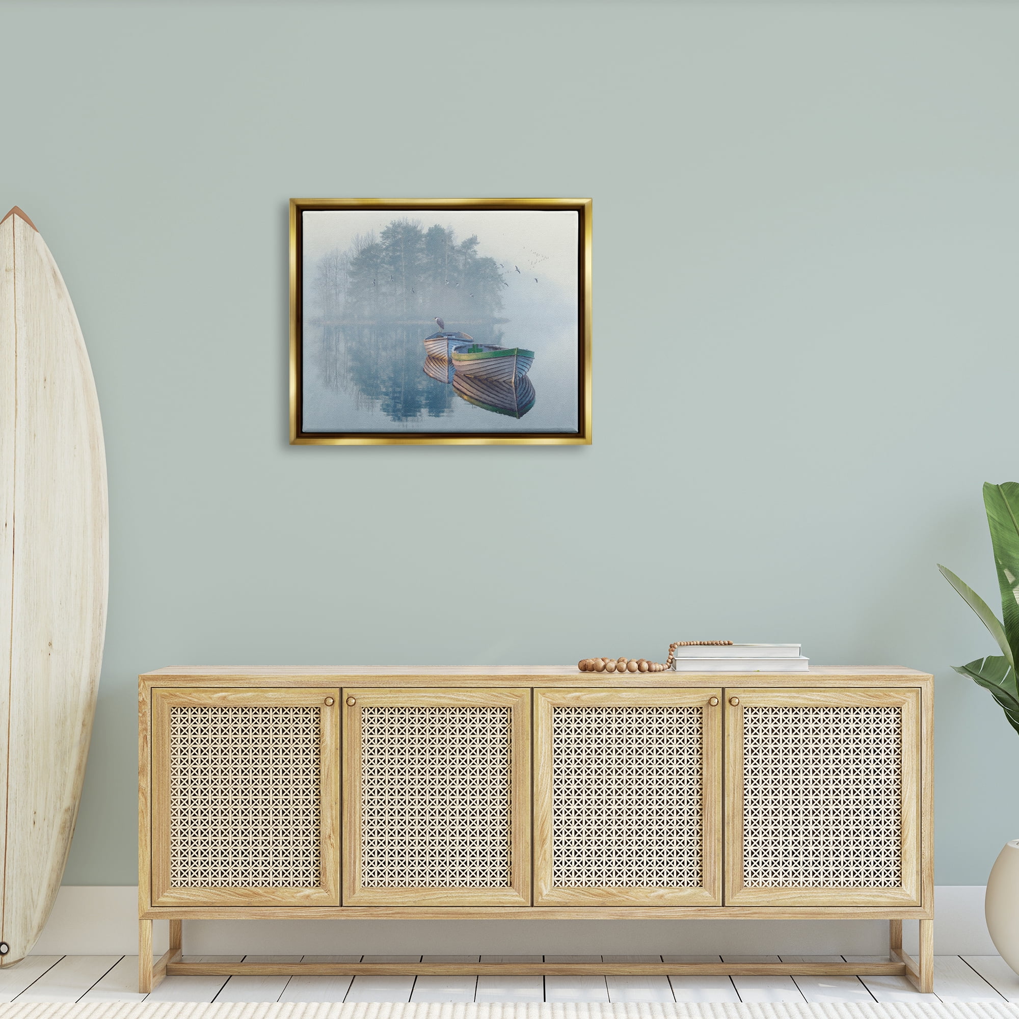 Stupell Foggy Boat Lake Reflection Landscape Painting Gold Floater Framed Art Print Wall Art