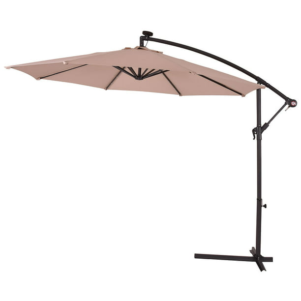 Costway 10' Hanging Solar LED Umbrella Patio Sun Shade Offset Market W/Base Beige